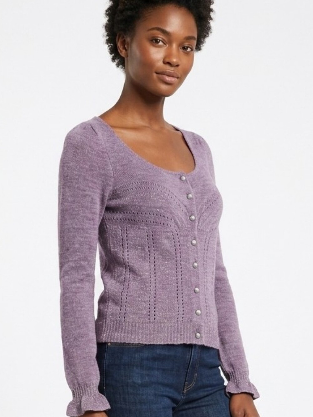 Anthropologie Lavender Knit Scoop-Neck Cardigan with Pearl Buttons